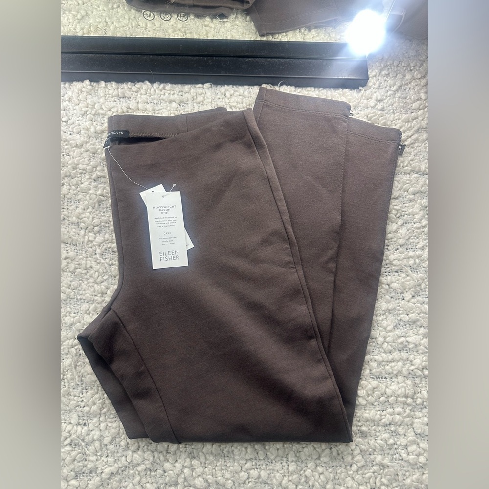 Eileen Fisher Brown Stretch Crepe Slim Ankle Pants with Zipper Slits Sz S